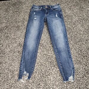 Bridge By Gly Mid Rise Ankel Skinny Jeans Rawhem Frayed Stretch Darkwash Sz 26